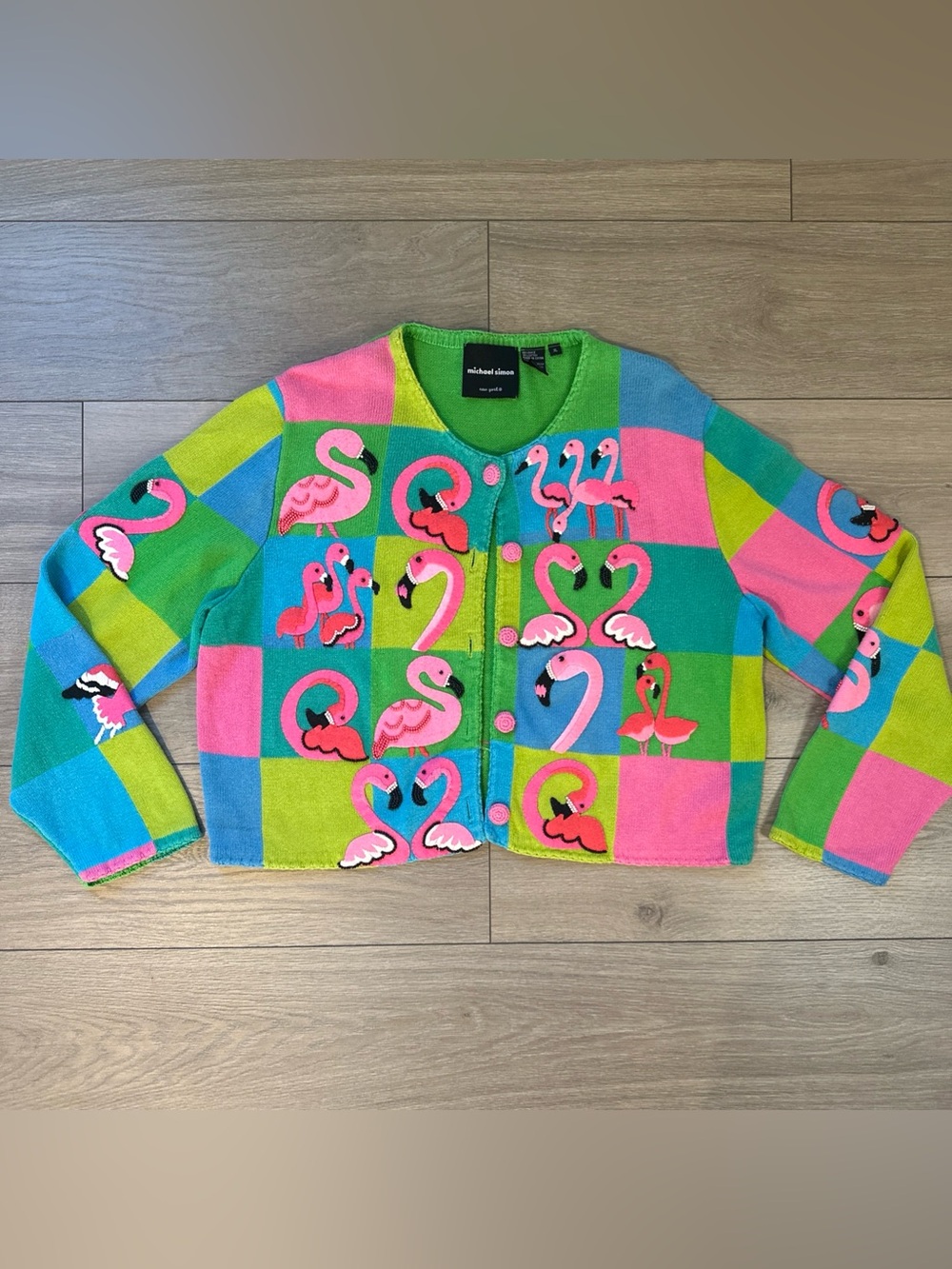 VTG Michael Simon Size XL Pink Flamingo 3D Beaded Embroidered Cardigan Sweater - Picture 4 of 11
